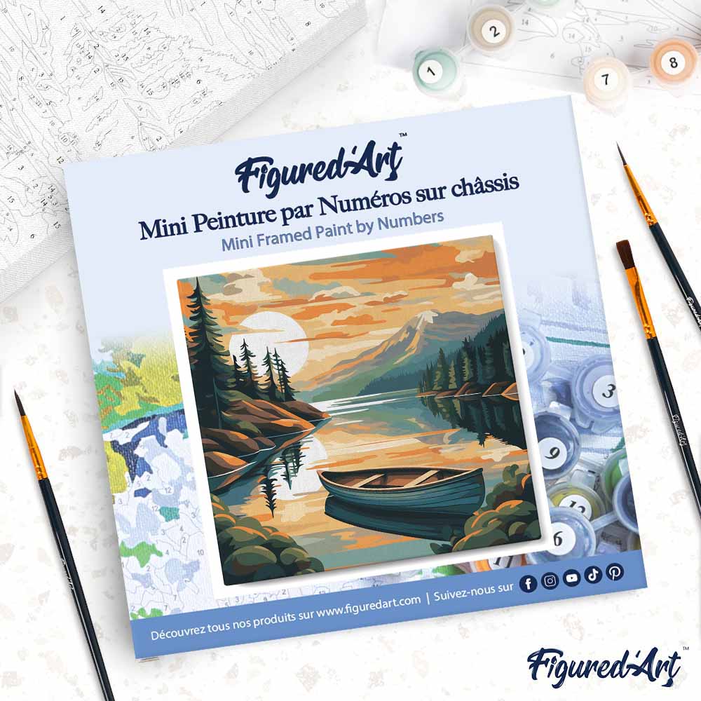 Mini Paint by numbers Mountain Lake with Canoe 20x20cm already framed - Image 4