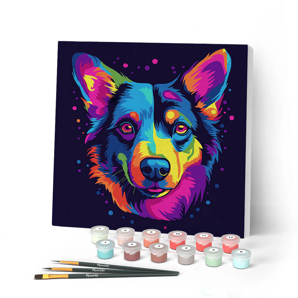Mini Paint by numbers Neon Dog Abstract Pop Art 20x20cm already framed