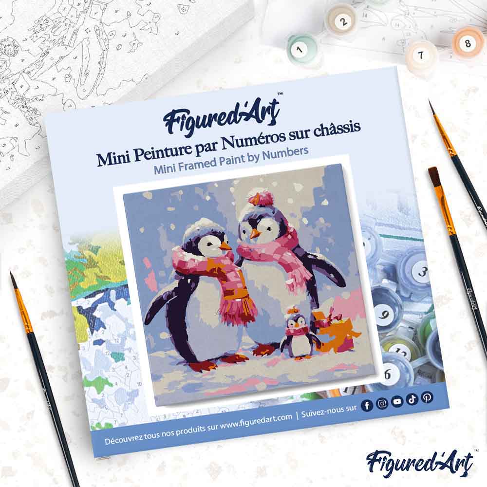 Mini Paint by numbers Penguin Family in Snow 20x20cm already framed - Image 4