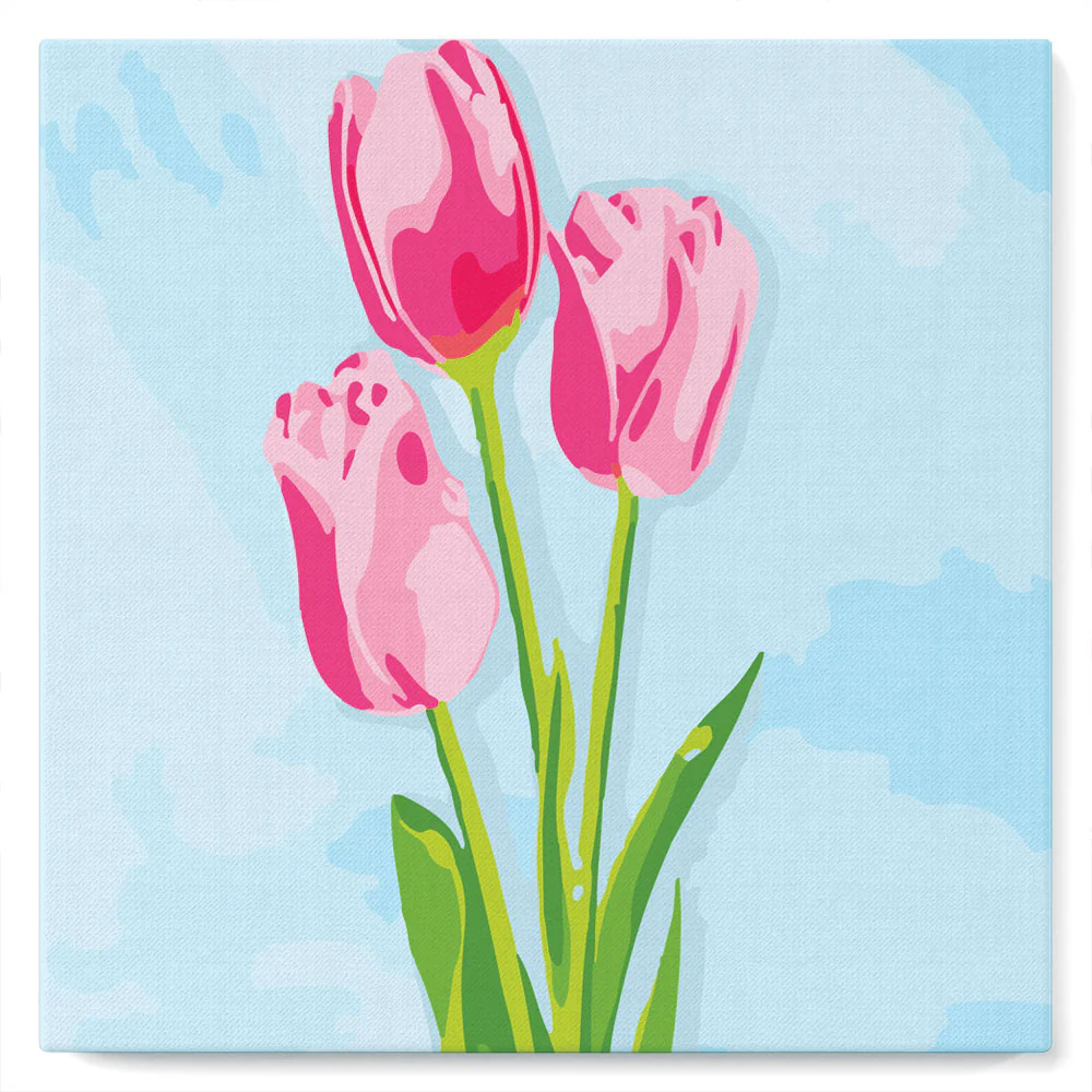 Mini Paint by numbers Pink Tulips and Blue Sky 20x20cm already framed - Image 2