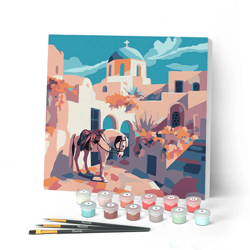 Mini Paint by numbers Santorini Horse Scene 20x20cm already framed