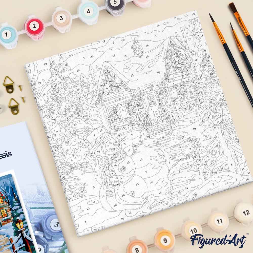 Mini Paint by numbers Snowman and the Cottage 20x20cm already framed - Image 5