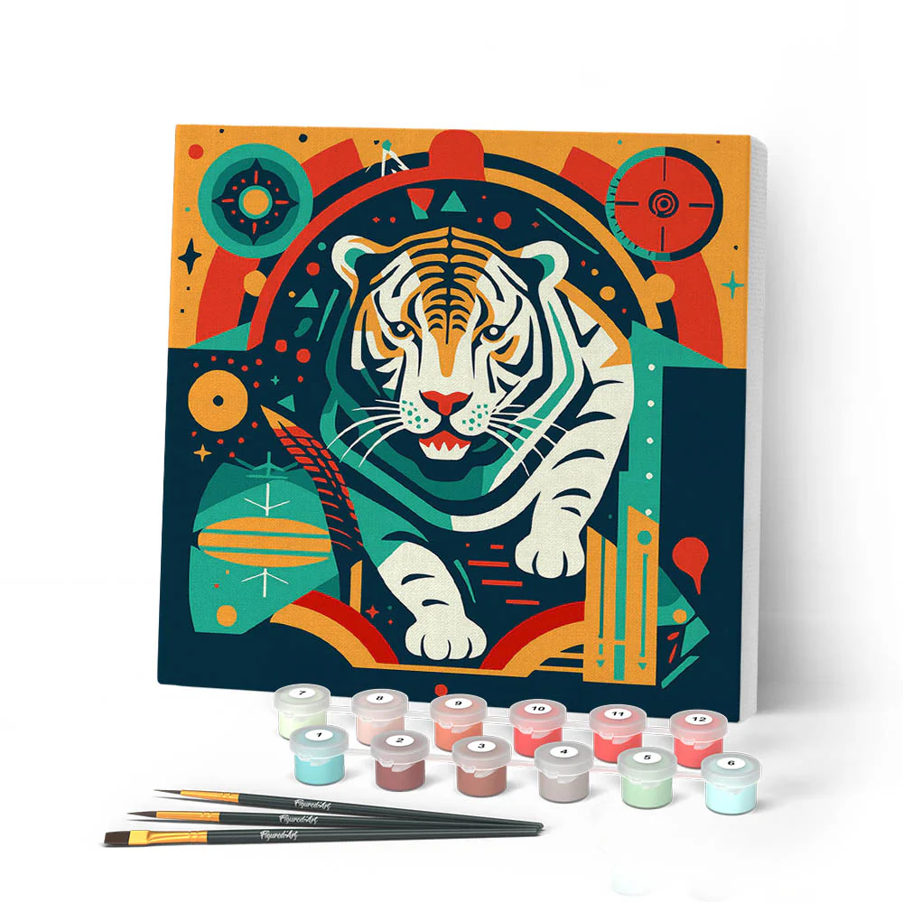 Mini Paint by numbers Tiger Art-Deco Inspired Abstract 20x20cm already framed