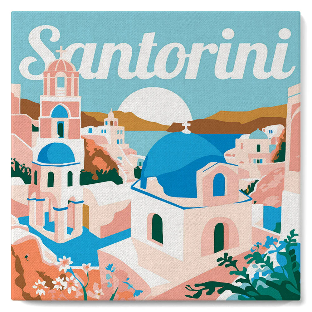 Mini Paint by numbers Travel Poster Santorini Sunrise 20x20cm already framed - Image 2