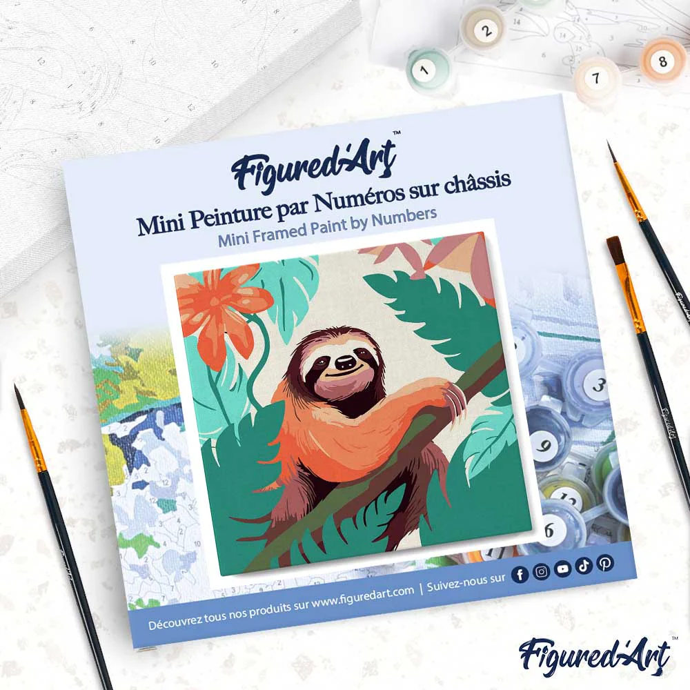 Mini Paint by numbers Tropical Sloth 20x20cm already framed - Image 4