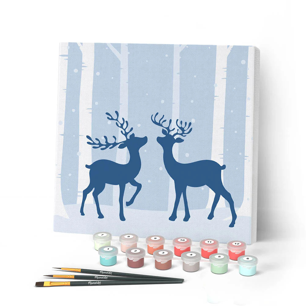 Mini Paint by numbers Two Reindeer in Snowy Forest 20x20cm already framed