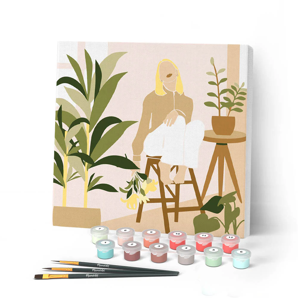 Mini Paint by numbers Woman in the room with plants 20x20cm already framed