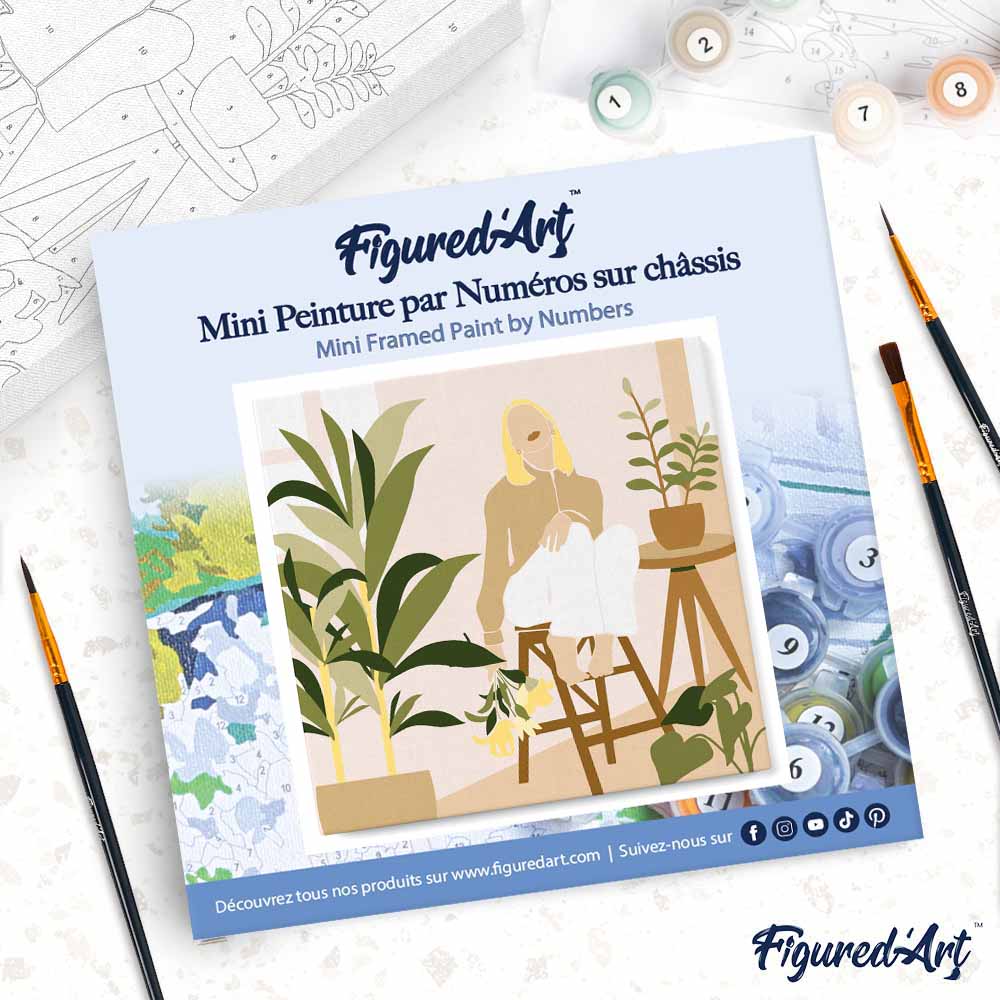 Mini Paint by numbers Woman in the room with plants 20x20cm already framed - Image 4