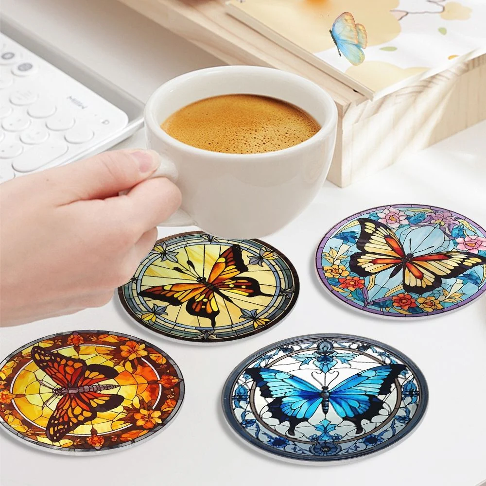 Paint by numbers 10cm Coasters (4 pieces) - Vibrant Wings: A Butterfly Quartet - Image 3