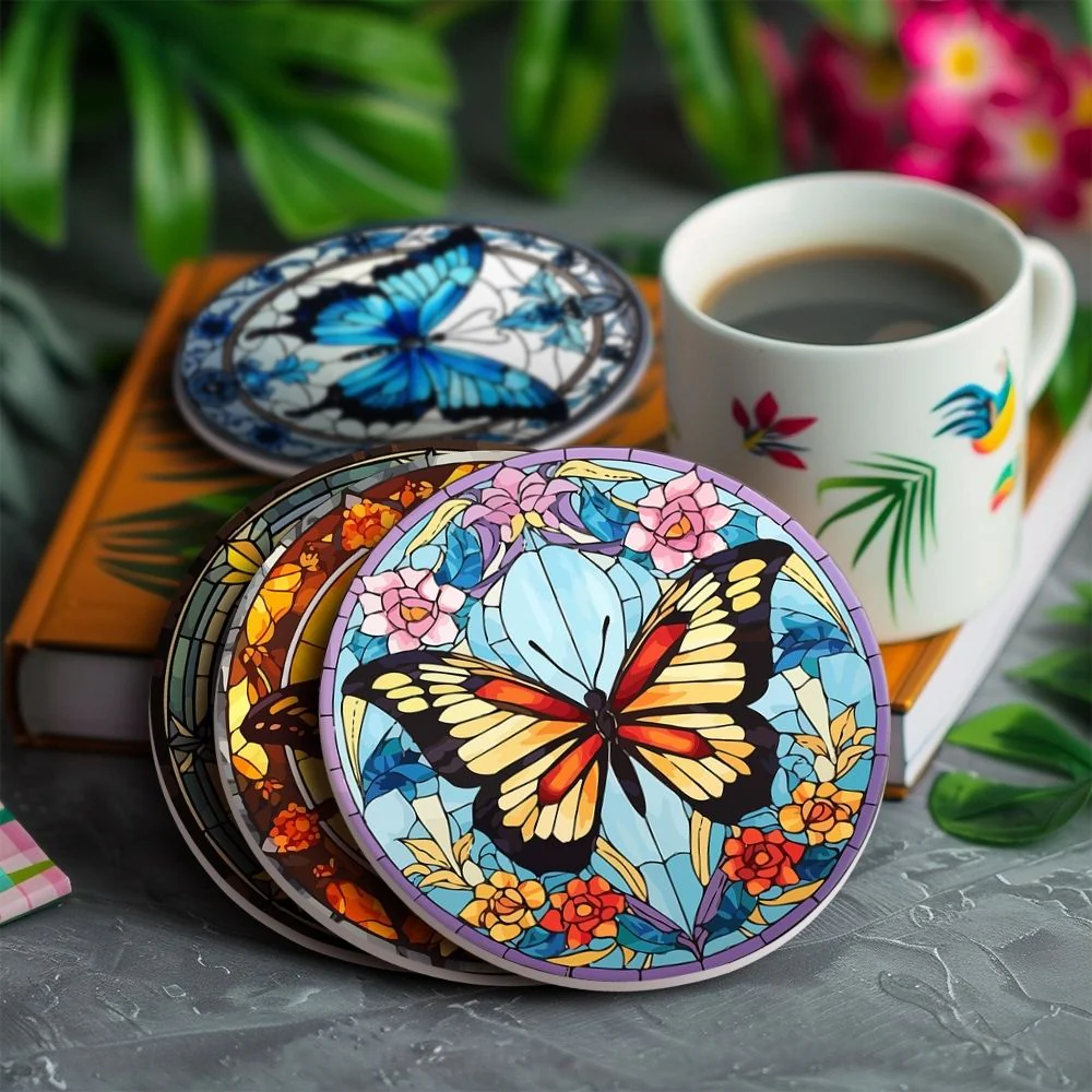 Paint by numbers 10cm Coasters (4 pieces) - Vibrant Wings: A Butterfly Quartet - Image 7