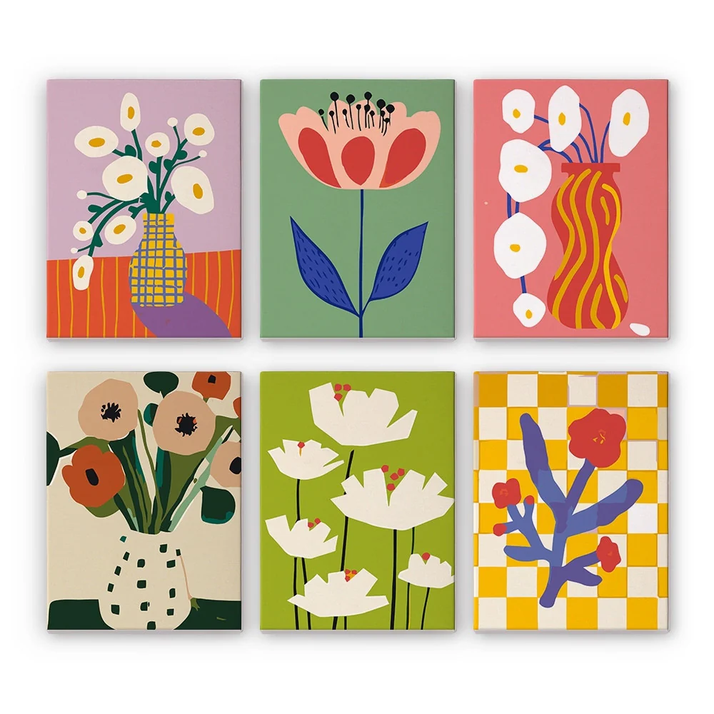 Mini Paint by numbers 15x20cm (6 pieces) - Abstract Floral Vases