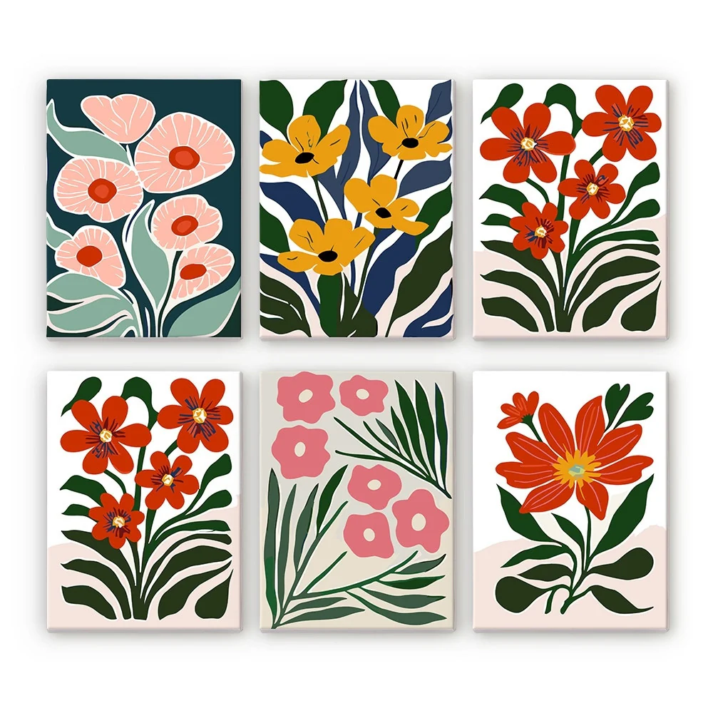 Mini Paint by numbers 15x20cm (6 pieces) - Colorful Floral Patterns