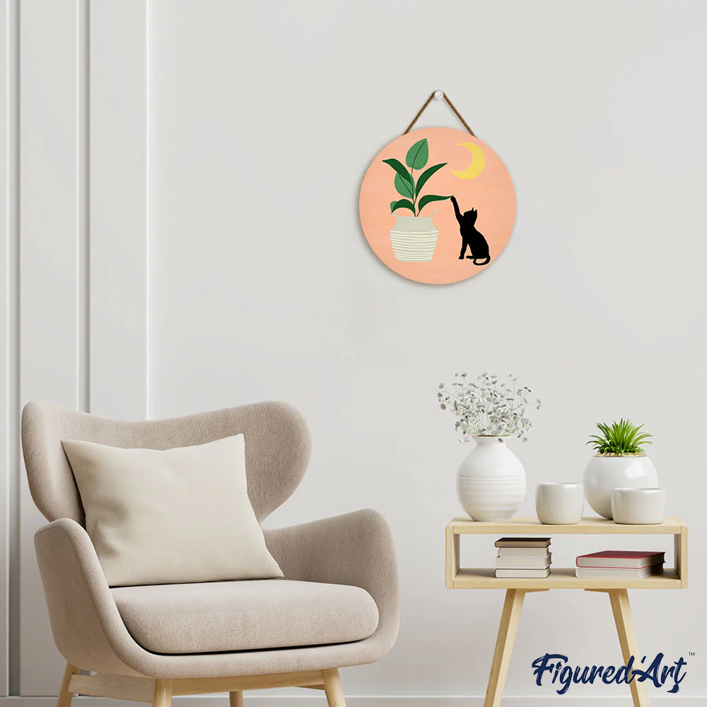 Paint by numbers on Wood Slice - Cat plays with plant in the moonlight - Image 3