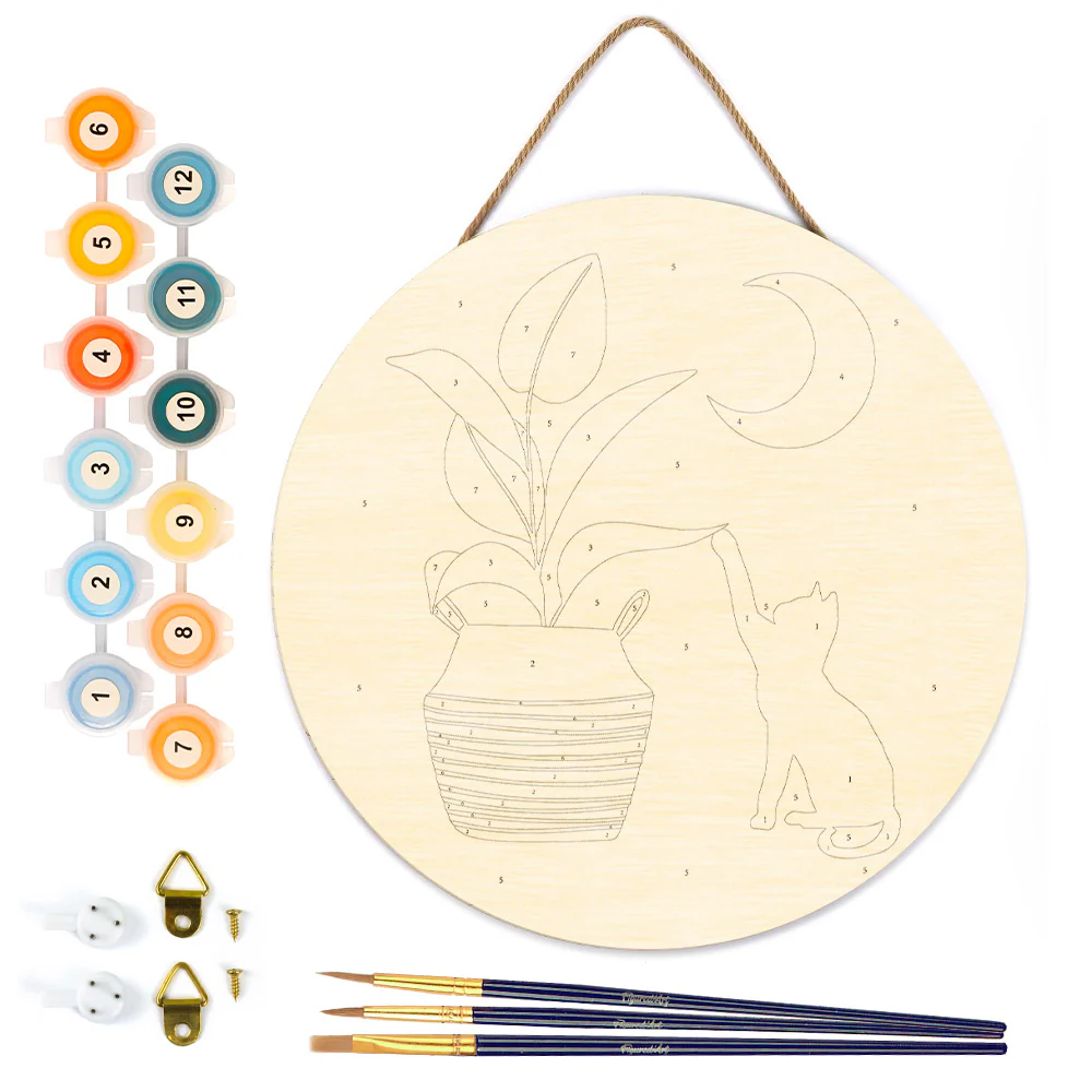 Paint by numbers on Wood Slice - Cat plays with plant in the moonlight - Image 5