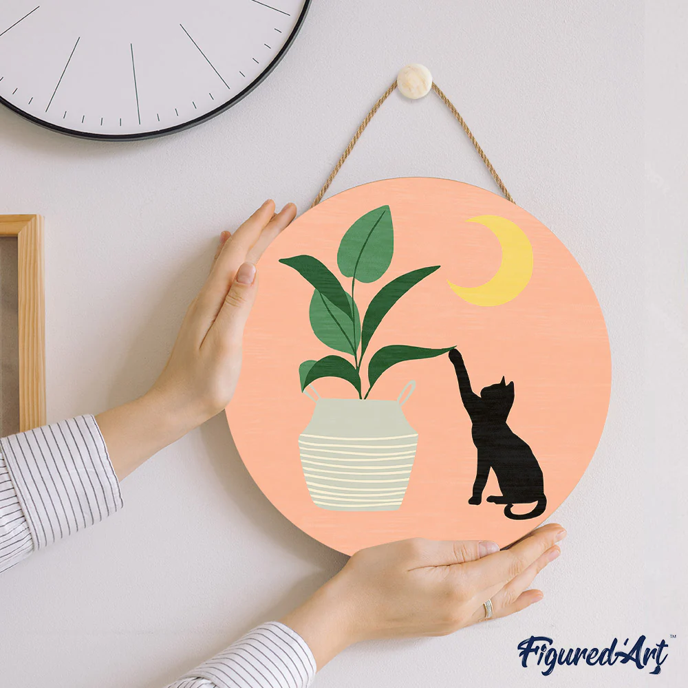 Paint by numbers on Wood Slice - Cat plays with plant in the moonlight - Image 7