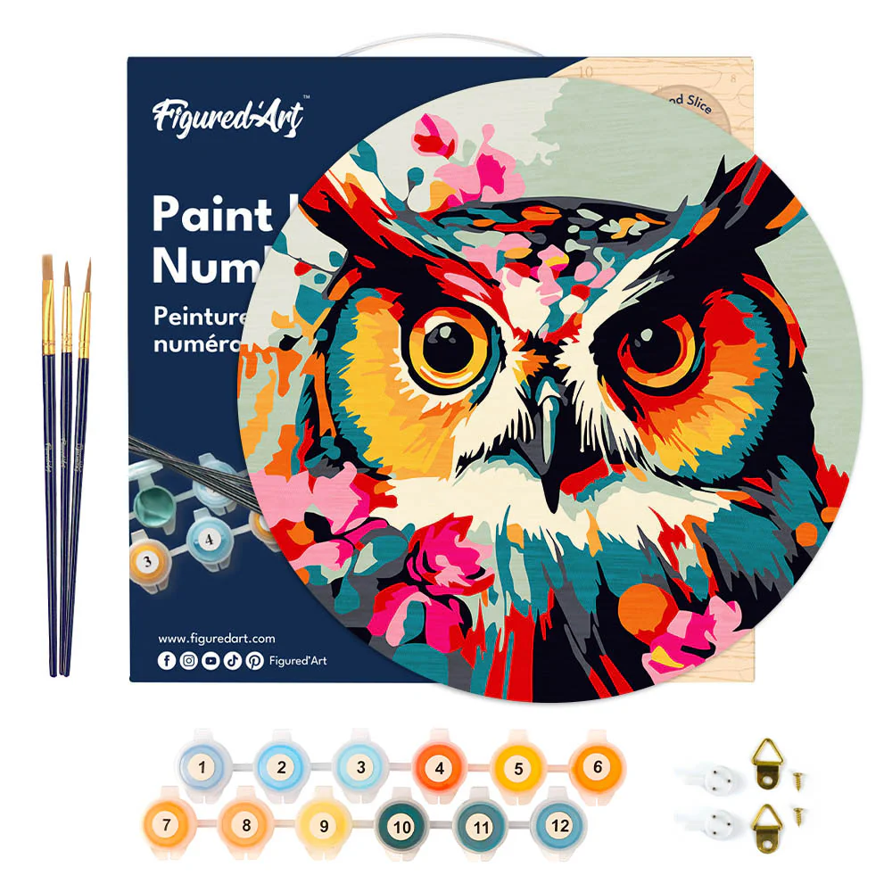 Paint by numbers on Wood Slice - Fantasy owl with flowers - Image 6