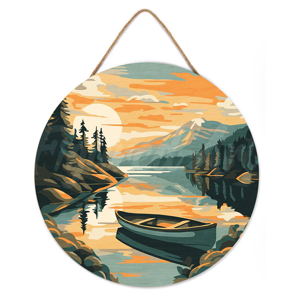 Paint by numbers on Wood Slice - Mountain Lake with Canoe - Image 2