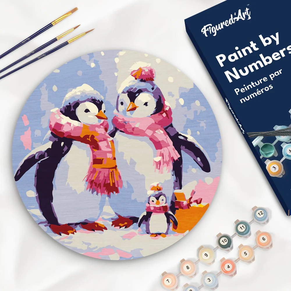 Paint by numbers on Wood Slice - Penguin Family in Snow