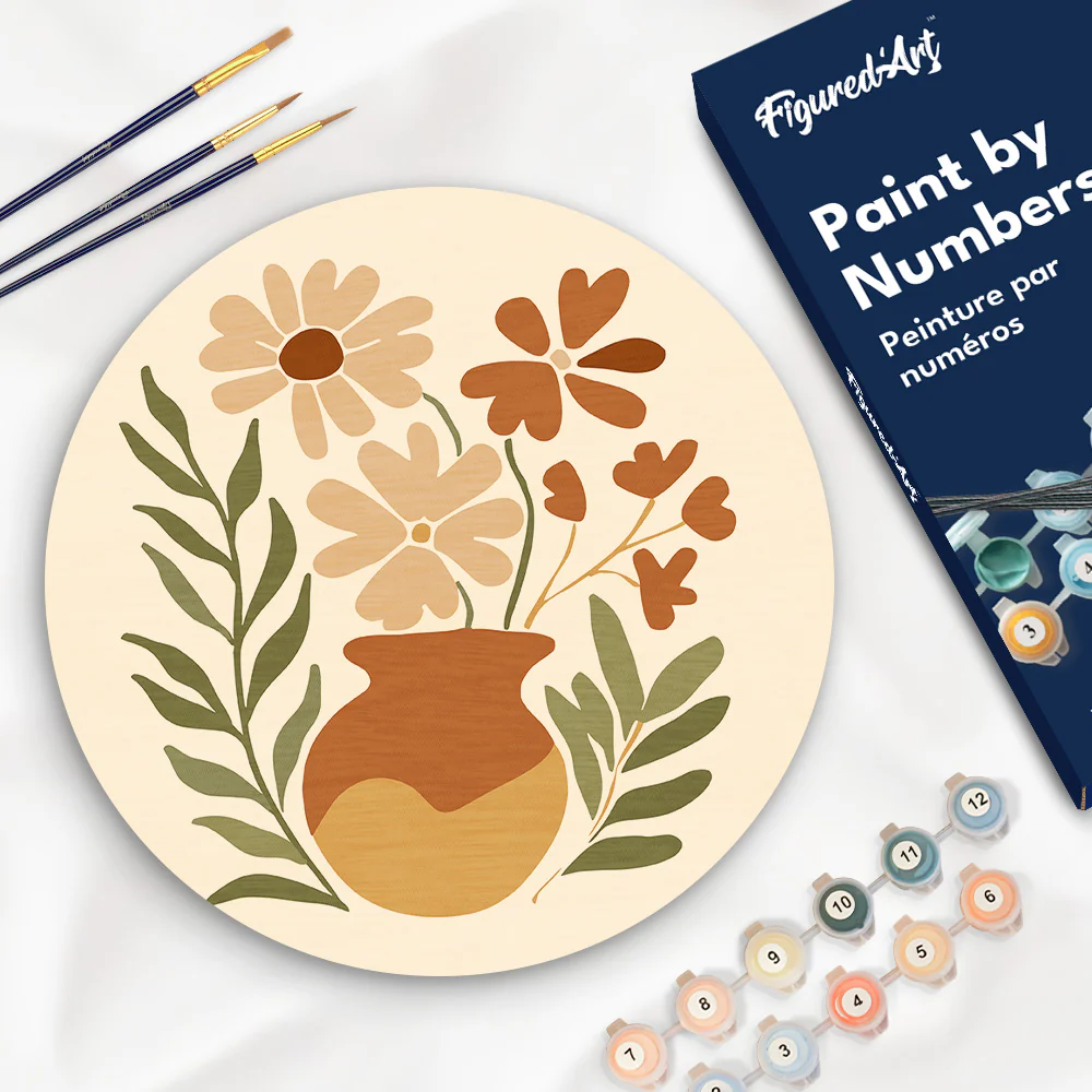 Paint by numbers on Wood Slice - Pot of Flowers