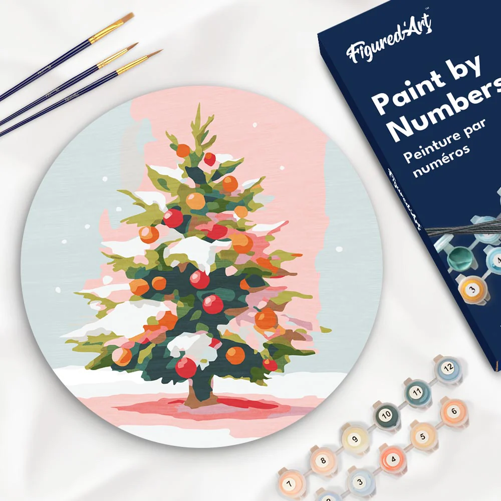 Paint by numbers on Wood Slice - Snowy Christmas Tree