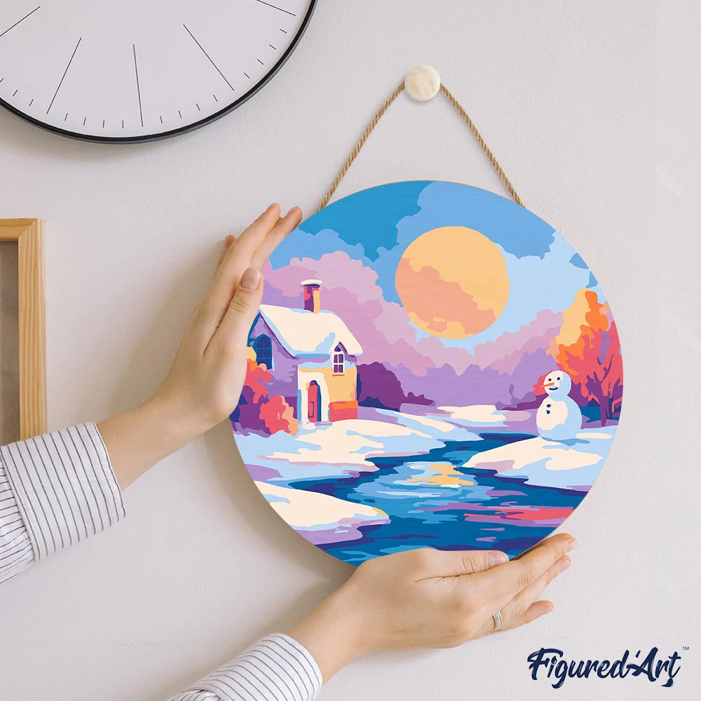 Paint by numbers on Wood Slice - Sunset Winter Scene - Image 7