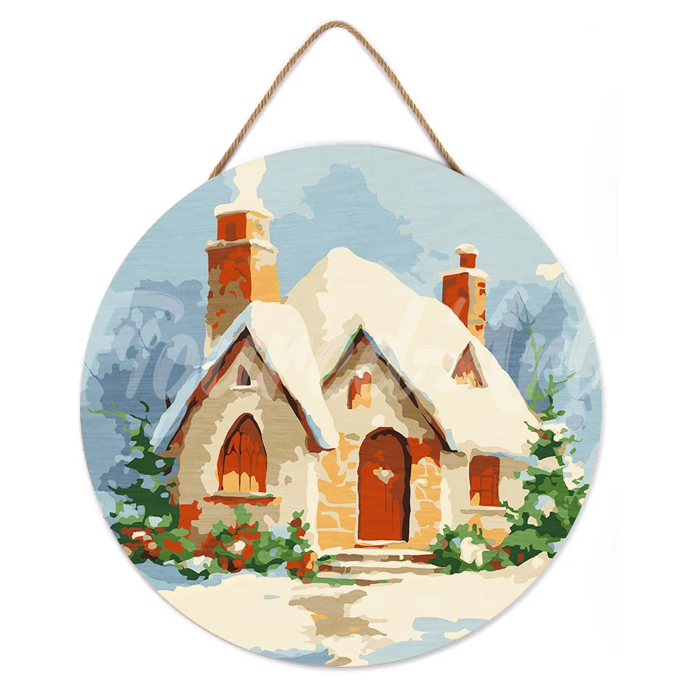 Paint by numbers on Wood Slice - Winter Brick House - Image 2