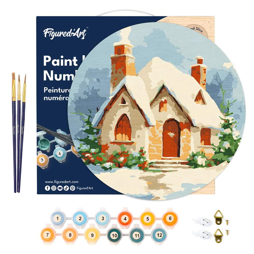 Paint by numbers on Wood Slice - Winter Brick House - Image 6
