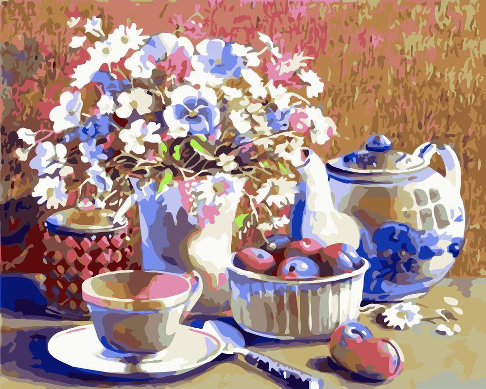 Set of tea and flowers