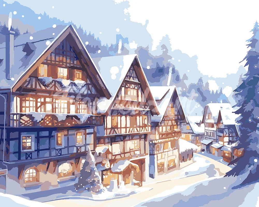 Snowy Village in Watercolour