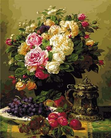 Vase of flowers and Grapes